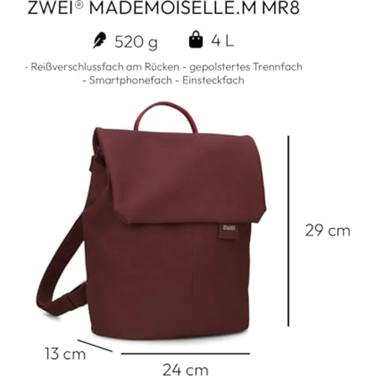 Zwei Mademoiselle.M City Rucksack, 29 cm, rot aus 100% Polyurethan, 24 x 13 x 29 cm – Bild 2