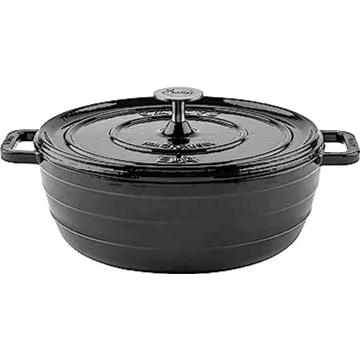 Sallys 'Ela' Deluxe Gusseisentopf/Gusseisenpfanne - Gusseisen Bräter für Perfektes Garen und Backen auf Induktion, 5 Liter Fassungsvermögen, Hitzebeständig bis 250 °C, Fury Black Majolika