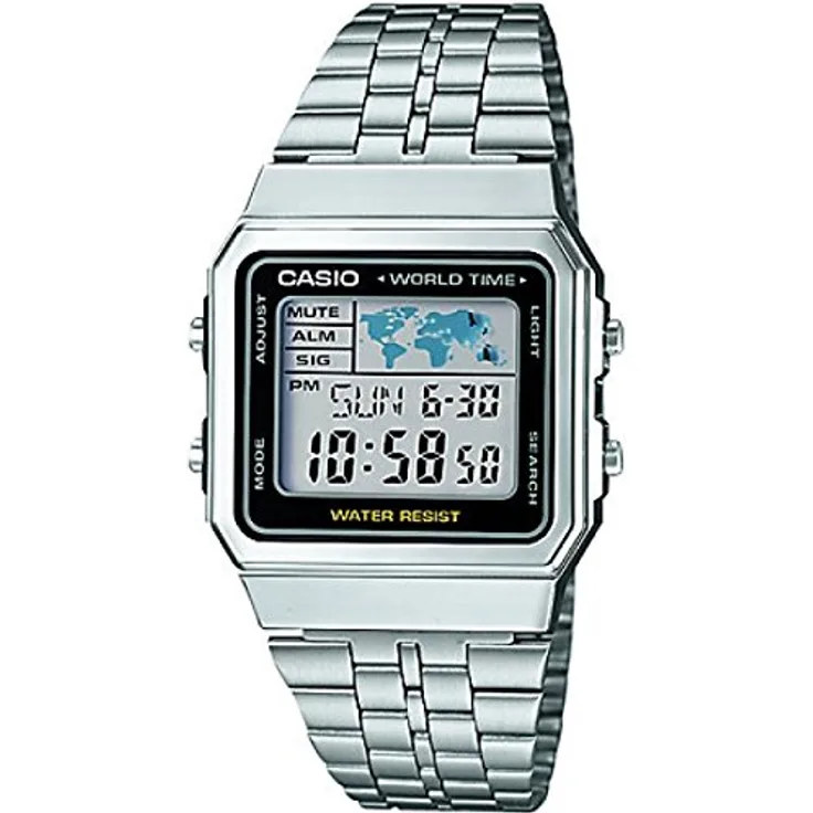 Casio A500WEA-1EF, Herren Quartz Armbanduhr mit 33mm Gehäuse, LCD Zifferblatt, Edelstahlarmband, Retro-Design, 4-Zeitzonenanzeige, Kalenderfunktion