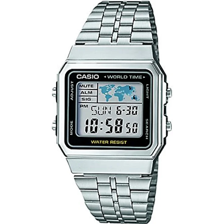 Casio A500WEA-1EF, Herren Quartz Armbanduhr mit 33mm Gehäuse, LCD Zifferblatt, Edelstahlarmband, Retro-Design, 4-Zeitzonenanzeige, Kalenderfunktion – Bild 1
