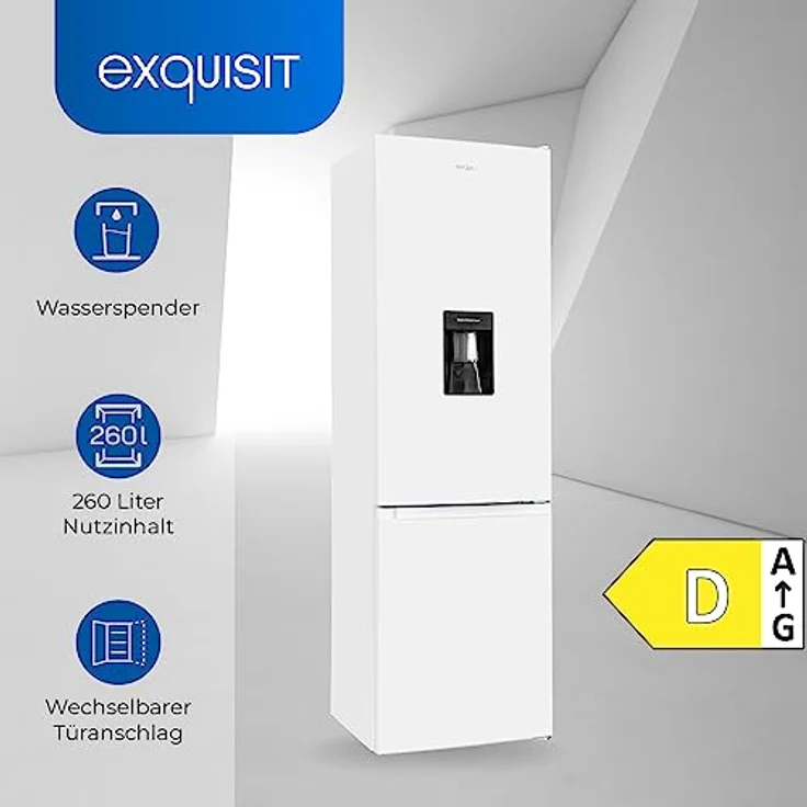 Exquisit Kühl-Gefrierkombination KGC265-70-WS-040D weiss | 260 l Nutzinhalt | Kühlgefrierkombination freistehend mit Wasserspender | Alarm | 4 Sterne gefrieren – Bild 2
