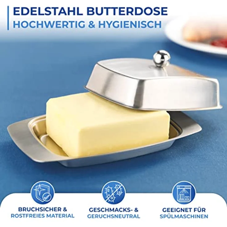 Maximex Edelstahl Butterdose für 250g Butter, Hygienische Butterbehälter mit Wärme- & Kälteisolation, Geschmacks- & Geruchsneutrale Butter-Dose, Spülmaschinengeeignet, 17,5x7x10,5 cm – Bild 2