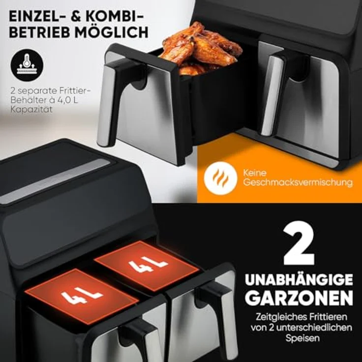 ProfiCook® Heißluftfritteuse 2 Kammern | 8L Heißluftfritteuse Doppelkammer | kein Öl oder Fett | Air Fryer m. Color-Display | Doppel Heißluftfritteuse 2200 Watt | Heißluftfritteuse XXL | PC-FR 1287 H – Bild 4
