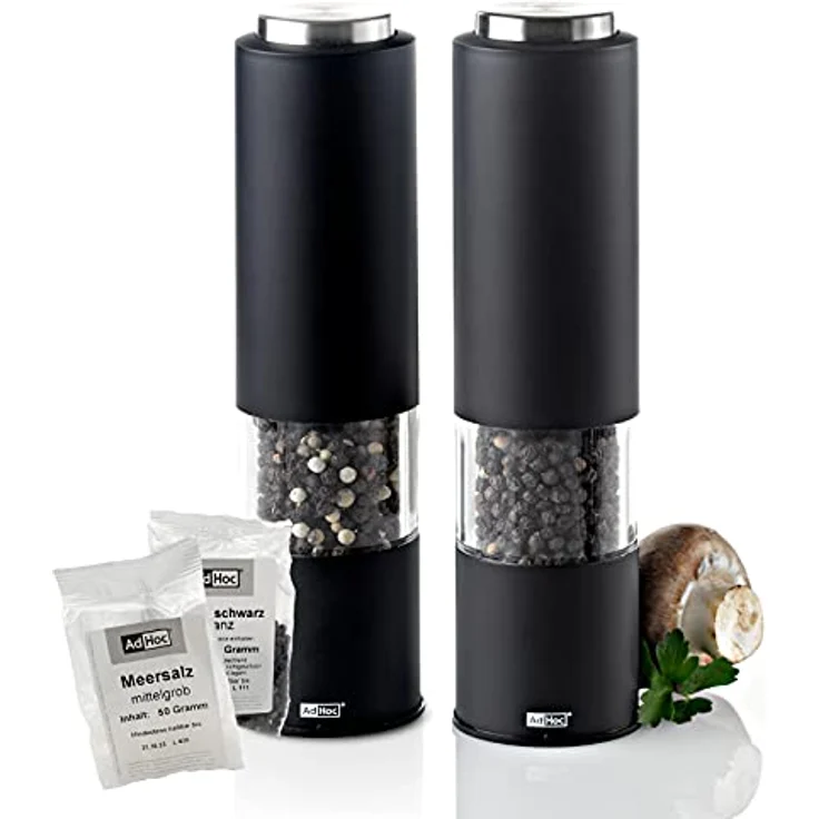 AdHoc 2er Geschenk Set elektrische Salzmühle und Pfeffermühle TROPICA in Schwarz mit Keramikmahlwerk einstellbar fein bis grob inkl. Salz & Pfeffer – Bild 1