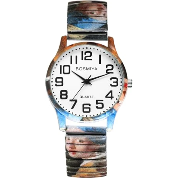 JewelryWe Boho Elastische Armbanduhr, Damen Analog Quarz Uhr mit Vermeer Kunstmotiv, Edelstahl Zugarmband, große Zahlen, 1ATM Wasserschutz – Bild 1