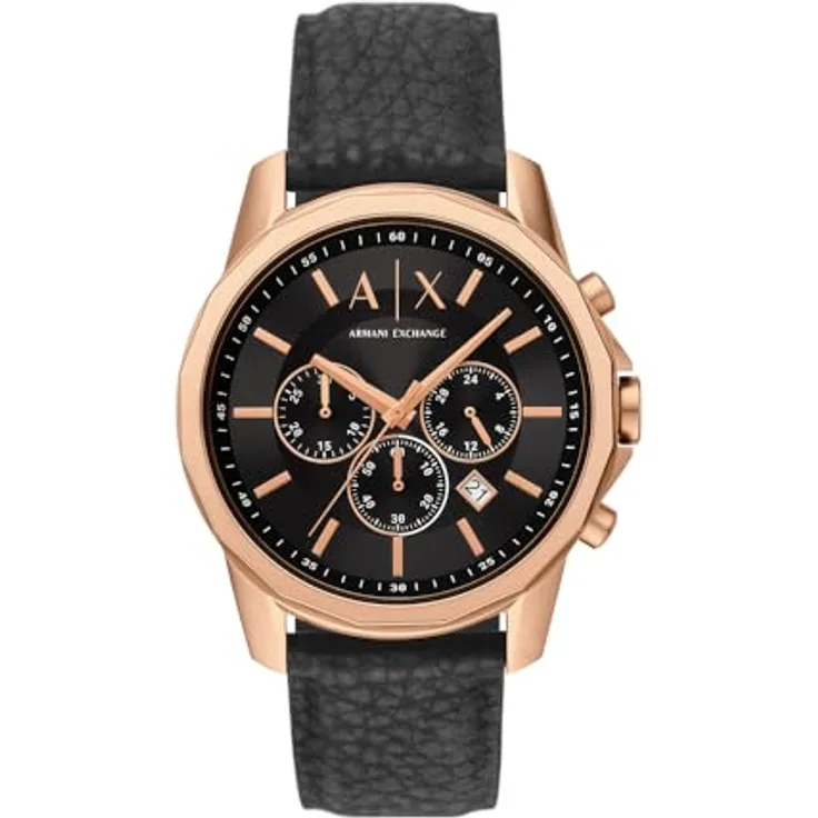 Armani Exchange AX1769, Herren 44MM Roségoldfarbene Edelstahluhr mit schwarzem Sunray-Zifferblatt und Kautschukband, 50m Wasserdicht