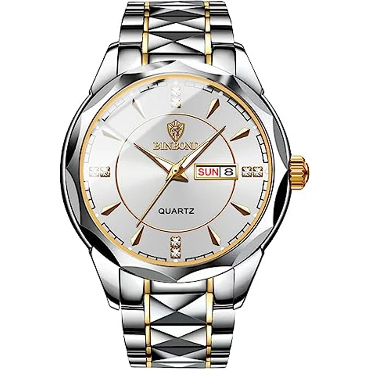 JewelryWe Herrenuhr Edelstahl Analog Quarz, Silber mit leuchtenden Zeigern, Datum/Woche Kalender, 30m wasserdicht – Bild 1