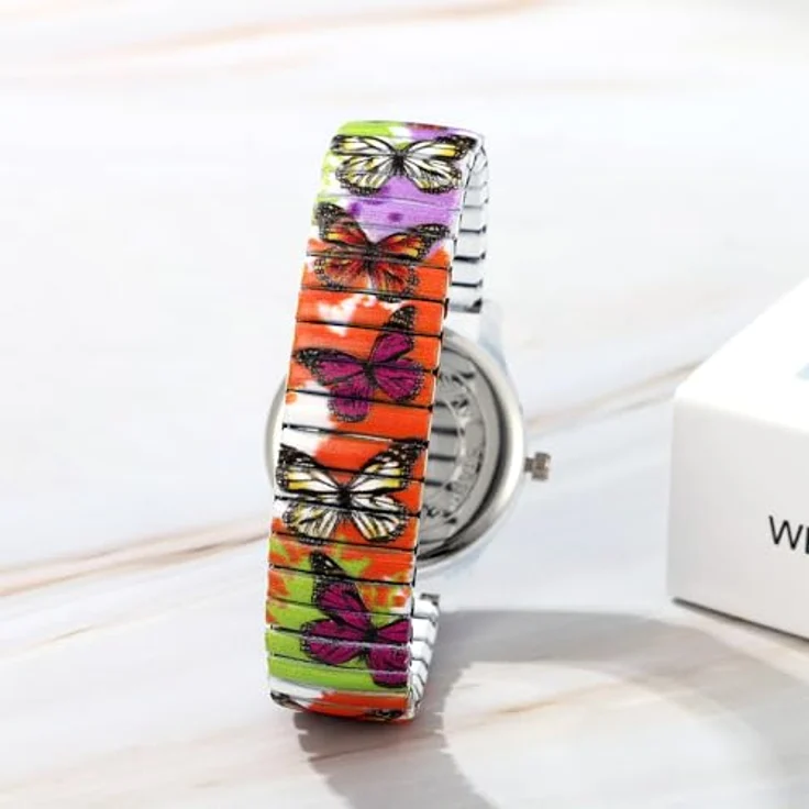 JewelryWe Boho Damenuhr, Elastische Uhr im Schmetterlingsdesign mit Edelstahl Zugarmband und großen arabischen Ziffern, Analog Quarzwerk, lilafarben – Bild 4