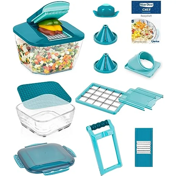 Genius Nicer Dicer Chef Professional, Gemüseschneider 18-tlg mit 5.2L Auffangbehälter, extra Glasschüssel und Edelstahl-Klingen, inkl. Rezept