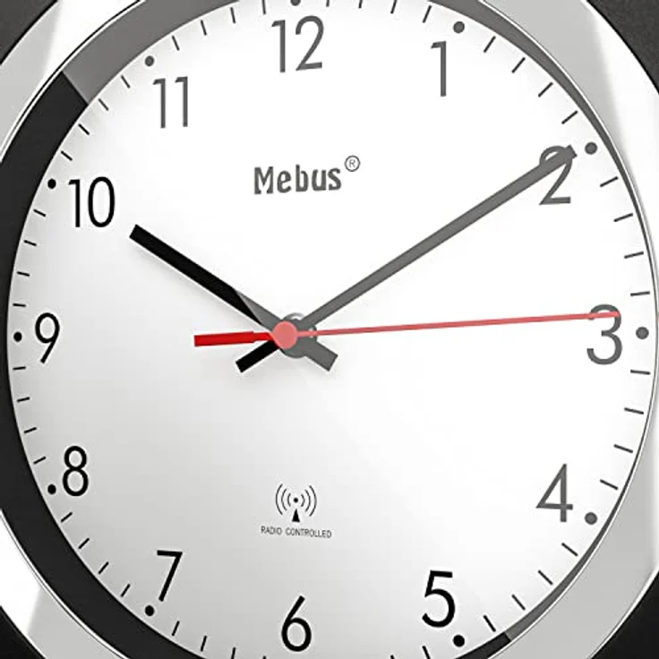 Mebus Funk-Wanduhr/klassisches Model/schwarzer Rahmen/weißes Zifferblatt / 24cm Durchmesser/Rund/Funkuhr (DCF77) / Modell: 19451 / Farbe: Schwarz, Weiß – Bild 2
