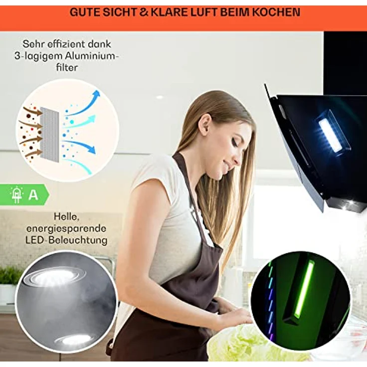 Klarstein 10040141 Kopffreihaube, Clara 60 Dunstabzugshaube Glas 509 m³/h Touch Ambiente-Licht, schwarz – Bild 5