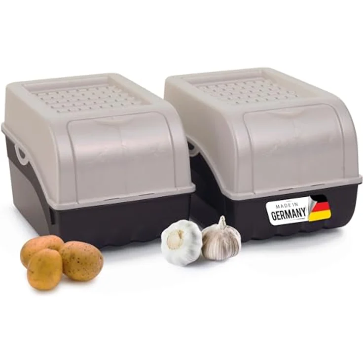 Novaliv Gemüsebox Set 2x Mittel, 5L perlmut, stapelbare Vorratsdosen für Obst und Gemüse, ideal als Kartoffel-, Zwiebel- und Knoblauchbox – Bild 1