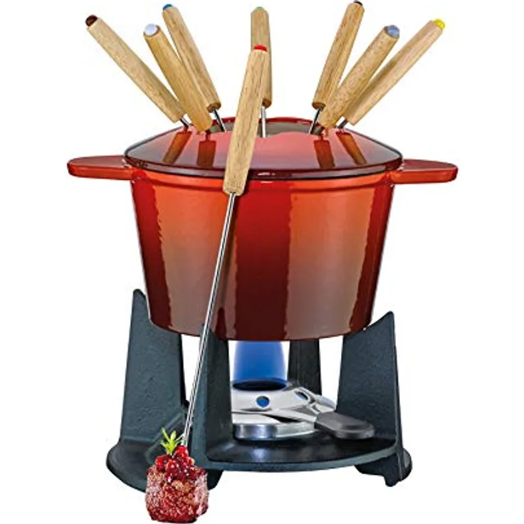 Spring Gusseisen Fondue-Set GRENOBLE rot, Ø 15,5 cm mit 8 Fonduegabeln