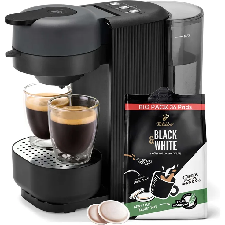 Tchibo Kaffeepadmaschine „CALL ME PAD“, kompakt mit 36 Black & White Pads, individuell einstellbare Getränkemenge, schwarz