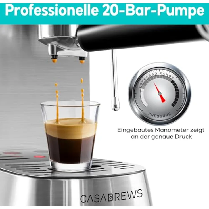 CASABREWS Espresso Siebträgermaschine 20 Bar, Edelstahl-Espressomaschine mit professionellem Milchaufschäumer, 1L Wassertank, silber – Bild 2
