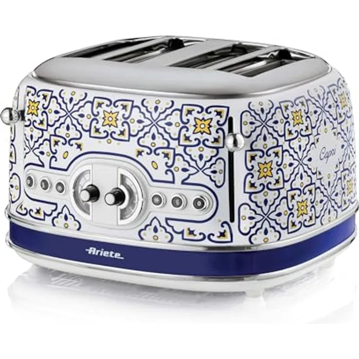 Ariete 156 Capri-Toaster, 1630 W, 4 Scheiben, 6 Bräunungsstufen, Krümelschublade, Defrost-Funktion, automatischer Auswurf, weiß und blau