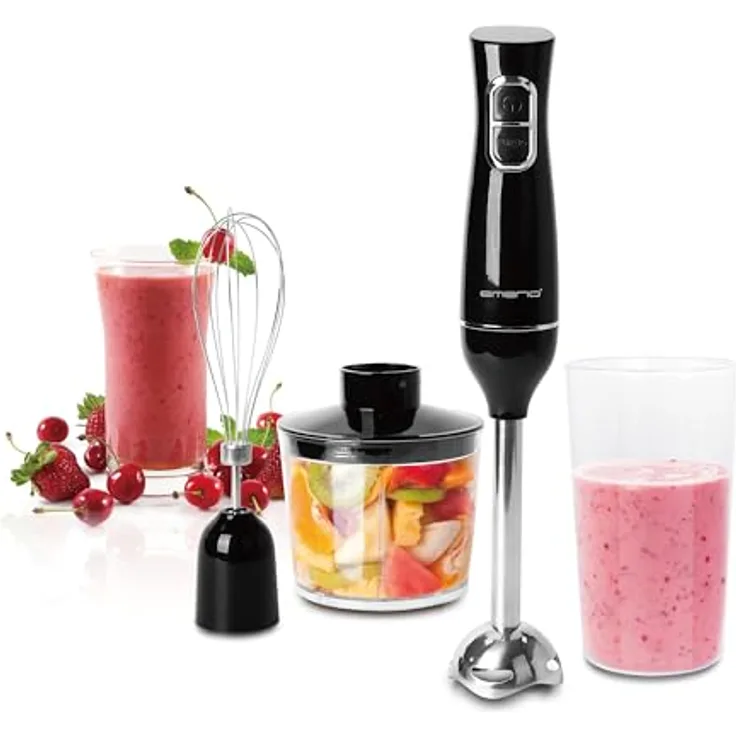 EMERIO Stabmixer Set 4-in-1, Edelstahl, mit 2 Geschwindigkeiten und TURBO Funktion, inkl. 500-ml-Mini-Zerkleinerer und 700-ml-Messbecher