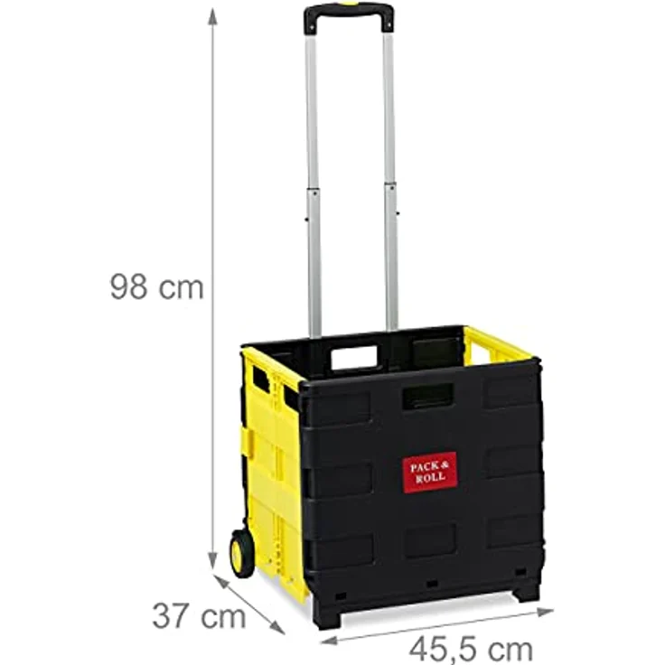 Relaxdays Einkaufstrolley klappbar, Teleskop-Griff, 2 Gummi Rollen, bis 35 kg, Shopping Trolley, Aluminium, ABS, gelb – Bild 4