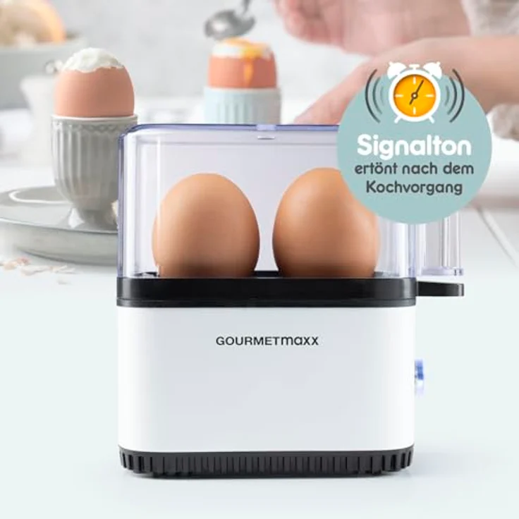 GOURMETmaxx Eierkocher für 2 Eier, Mini Egg Boiler mit Eierstecher, 3 Härtegrade, spülmaschinenfeste Teile, weiß – Bild 3