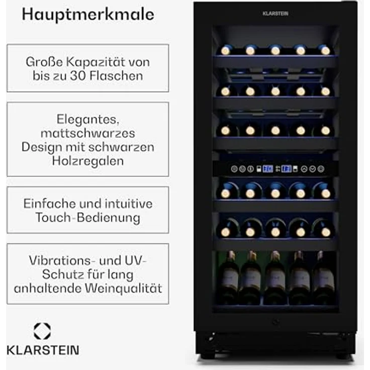 Klarstein Vinovilla 30 Duo Weinkühlschrank 2 Zonen, 32 Flaschen, 5-18 °C, LED-Touch, leise 39 dB, mattschwarz, Einbau – Bild 2