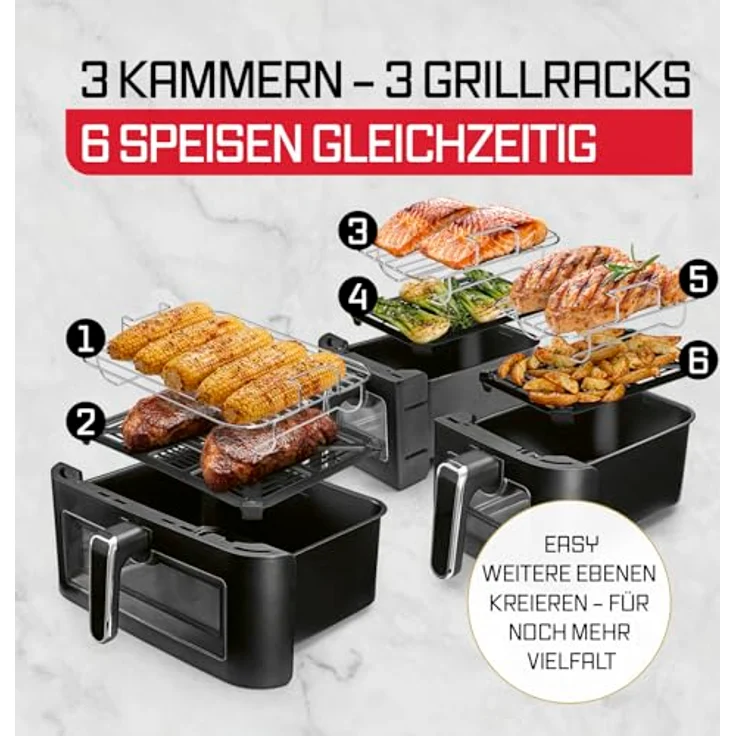 GOURMETmaxx FryUp3, Heißluft-Fritteuse mit 3000W, 17l, 3 Kammern, Grillrost & Sichtfenstern, schwarz/Edelstahl – Bild 6