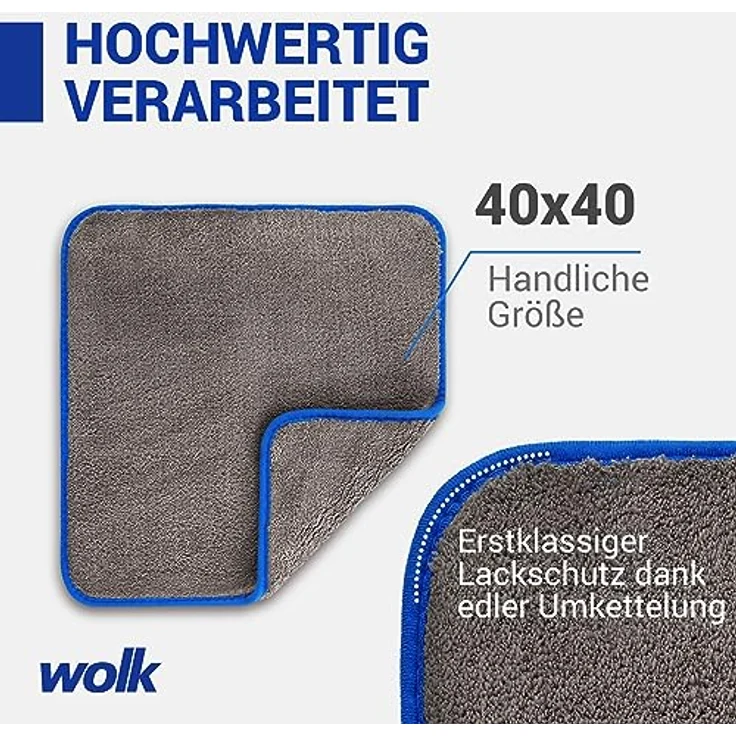wolk Auto Trockentuch 1200 GSM Mikrofaser, saugstark und kratzfrei, 40x40 cm, grau/blau, für Auto & Motorrad – Bild 3