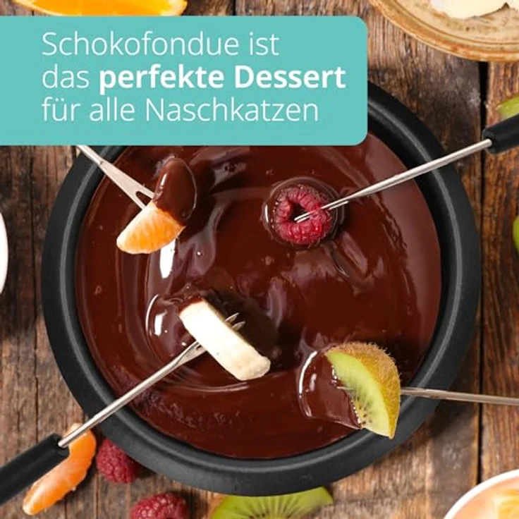 ADE elektrisches Schokofondue 500 ml mit 8 Spießen, Temperiergerät mit 2 Temperaturstufen, teflonbeschichtete herausnehmbare Schüssel, ideal für Schokobrunnen – Bild 4