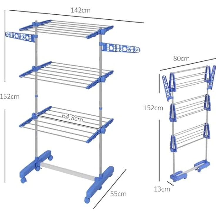 HOMCOM Wäschetrockner Turm Wäscheständer mit Rollen, 3 Ebenen, Klappbarer Standtrockner mit Seitenflügel, Stahl Blau 80/142 x 55 x 152 cm – Bild 5