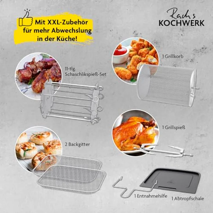 Rachs KOCHWERK Digitale Heißluftfritteuse 12 Liter mit XXL-Zubehörpaket | Ofen, Grill & Fritteuse mit Sichtfenster & Touchscreen | Airfryer ohne Öl | 10 Programme & Timerfunktion – Bild 4