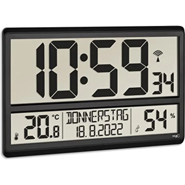 TFA Dostmann XL Wanduhr digital, 60.4520.01, mit Temperatur und Luftfeuchtigkeit, Wochentag (8 Sprachen), Funkuhr, gut ablesbar, groß, schwarz