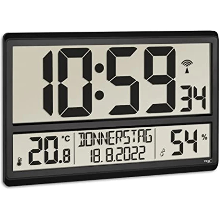 TFA Dostmann XL Wanduhr digital, 60.4520.01, mit Temperatur und Luftfeuchtigkeit, Wochentag (8 Sprachen), Funkuhr, gut ablesbar, groß, schwarz – Bild 1