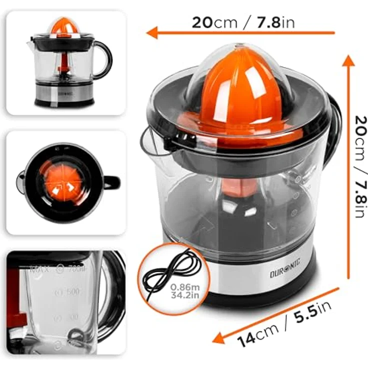 Duronic JE407 Saftpresse elektrisch 40W, Zitronenpresse 700ml, Zitruspresse 2 Kegel, hohe Saftgewinnung - Edelstahl Fruchtpresse mit Sieb – Bild 2