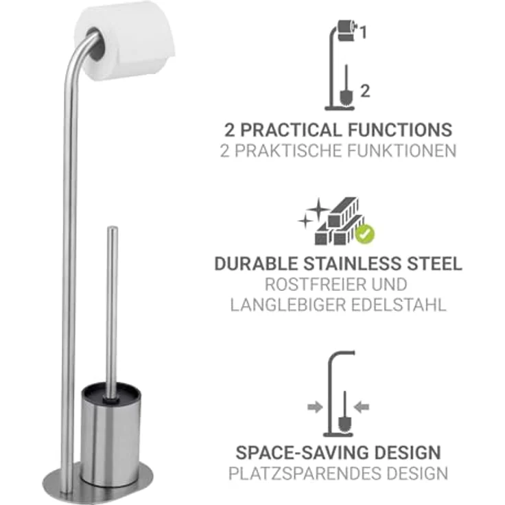 WENKO Stand WC-Garnitur Mod. Levante, freistehend mit Toilettenpapierhalter und WC-Bürste, Edelstahl rostfrei, 23 x 63 x 17 cm, satiniert schwarz – Bild 5