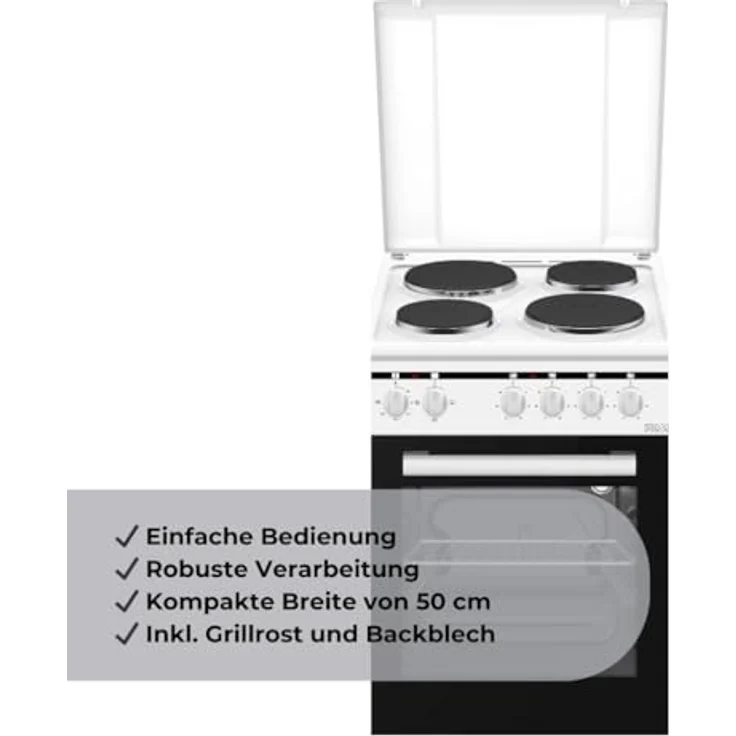 PKM Standelektroherd EH4-50KPGDQ, 48 Liter Garraum, Energieeffizienzklasse A, 4 Kochfelder, inkl. Grillrost und Backblech, mit Geschirrwagen und Kochfeldabdeckung – Bild 3