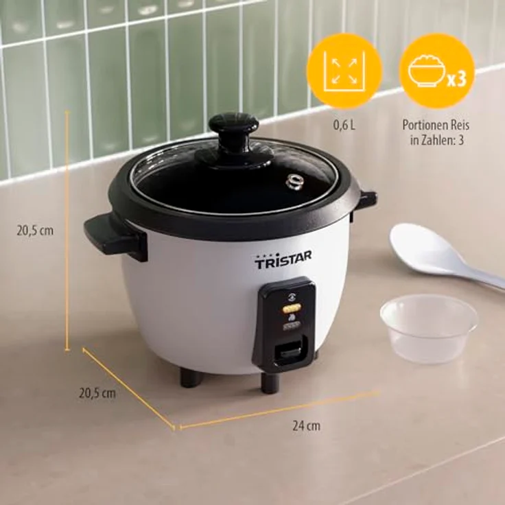 Tristar RK-6142 Reiskocher 0,6 L, Antihaft-Innentopf, Warmhalte- und Abschaltautomatik, kompaktes Design, inklusive Messbecher und Löffel, 300 W – Bild 2