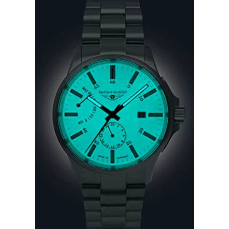 Bauhaus Aviation Herrenuhr mit Titanband Automatik 10 ATM Saphirglas Gangreserve Datum 2860M-5, Made in Germany, Titan Gehäuse, 24 Stunden Anzeige, Japanisches Automatik Uhrwerk Miyota 9134, Wassergeschützt 10 ATM, Titan Glieder Armband, silberfarbenes Zifferblatt – Bild 4
