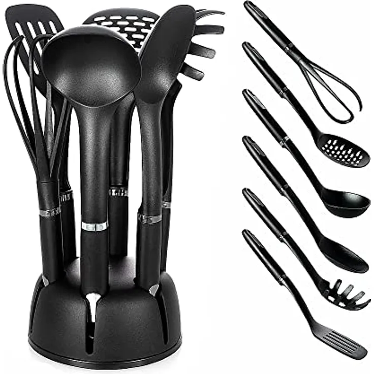 Küchenhelfer 6-tlg. Set mit drehbarem Sockel, Kochutensilien, Nudelkelle, Pfannenwender, Schaumlöffel, Schneebesen, Kochzubehör, Suppenkelle, Standfuß, Spaghettilöffel