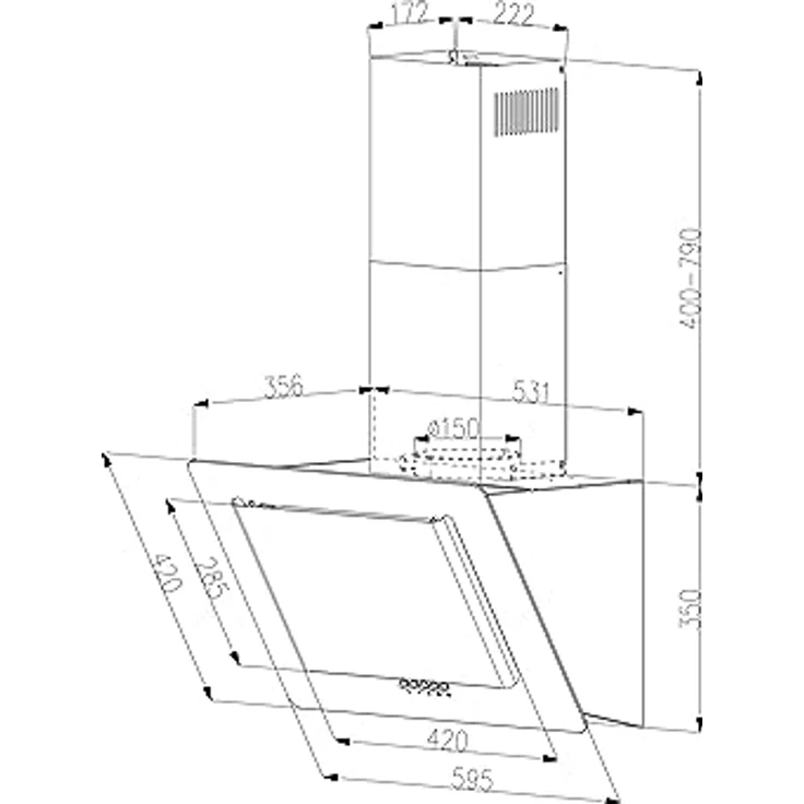 YUNA Dunstabzugshaube NAVA, Kopffreihaube mit 60 cm Breite, Edelstahl + Glas, schwarz, 3 Leistungsstufen, 594 m³/h Abluft, LED-Beleuchtung – Bild 2