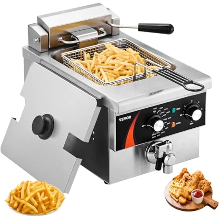 VEVOR kommerzielle Fritteuse, 3000 W elektrische Aufsatzfritteuse mit Korb, 5,9 L Einzelölfritteuse, verdickter Edelstahl, Zeit- & Temperaturkontrolle, Silber – Bild 1