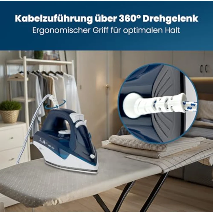Clatronic DB 3704 Dampfbügeleisen mit 7 Funktionen, Edelstahlspezialsohle, stufenlose Temperaturregulierung, zuschaltbare Selbstreinigungsfunktion, Weiß-Blau – Bild 6