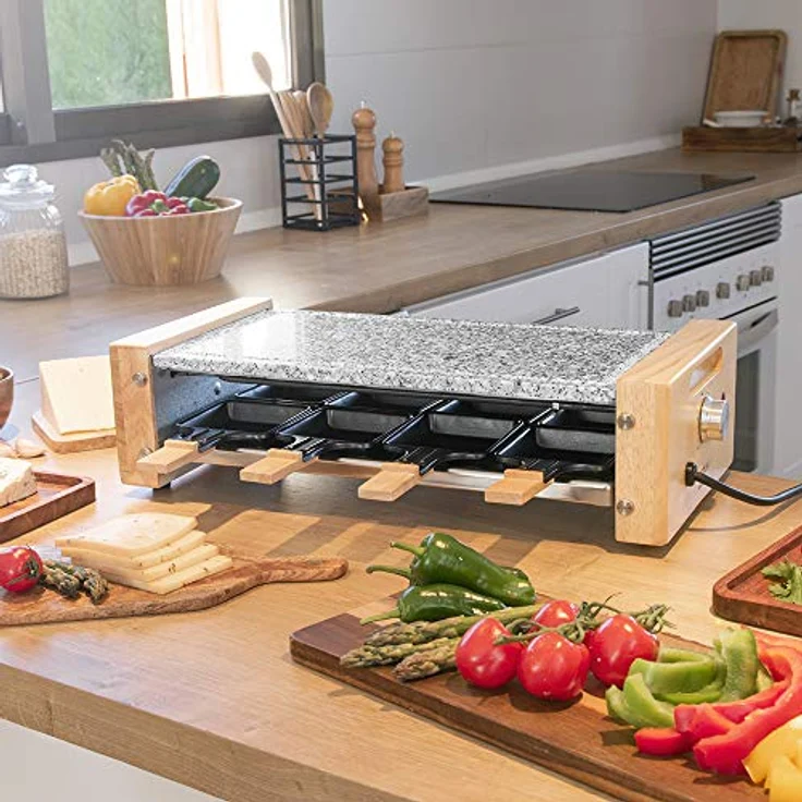 Cecotec Holz Raclette Käse & Grill 8200 Holz Schwarz. 1200 W, Grillfläche, 8 Einzelpfannen, Antihaftplatte, einstellbarer Thermostat, abnehmbares Design (Holz, AllStone) – Bild 2