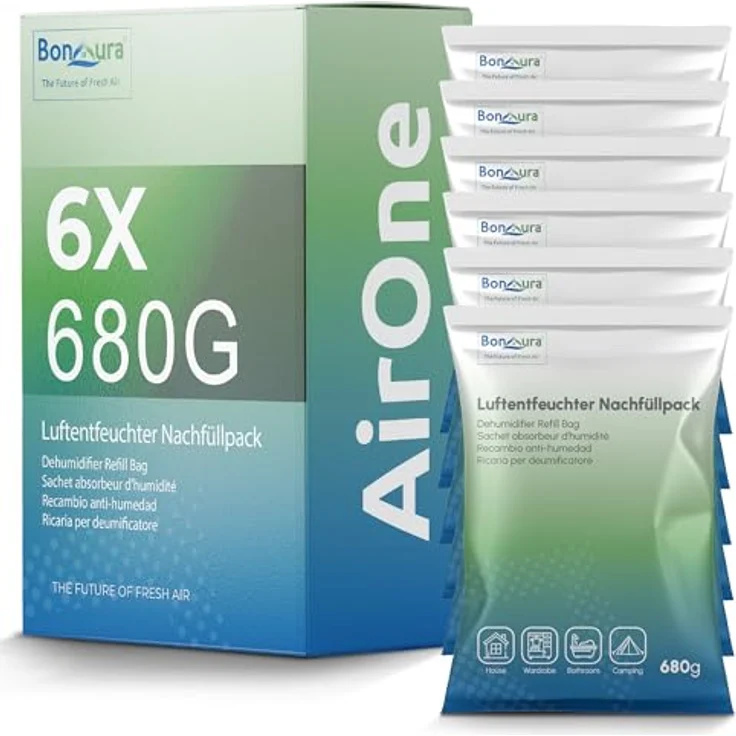 BonAura® Luftentfeuchter Nachfüllpack 6x 680g - Effektiver Feuchtigkeitskiller für Räume bis 23m² - Schimmel- und Geruchsschutz - Sparset Granulat – Bild 1