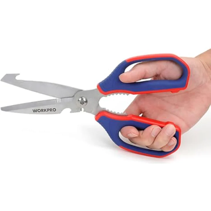 Workpro Küchenschere, Edelstahl, 25 cm, mit Flaschenöffner und Nussknacker, Blau/Rot – Bild 3