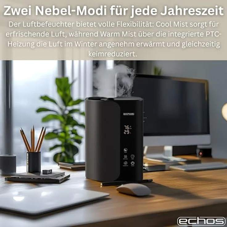 Echos Steinborg® Luftbefeuchter 5 Liter, Ultraschall Vernebler mit Fernbedienung, Hygrometer, LED-Touch-Display, Aroma-Funktion, 350ml/h, Auto-Stop, für Räume bis 50 m² – Bild 3