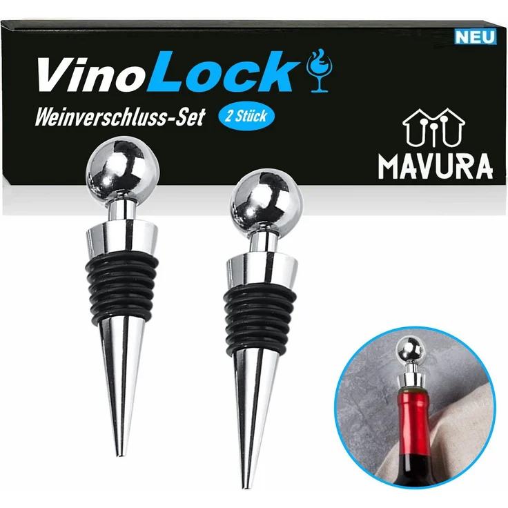MAVURA VinoLock Weinverschluss, 2er Set aus silbernem Kunststoff mit auslaufsicherer Silikondichtung für Weinflaschen und Champagner