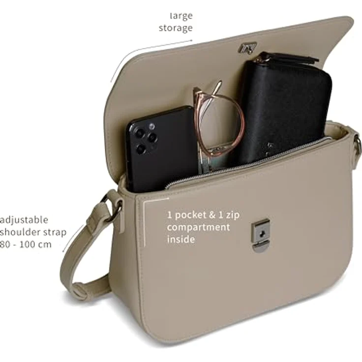 Bugatti Almata Umhängetasche M, 25 cm, Beige, strapazierfähiges Polyurethan, verstellbarer Schultergurt, Reißverschlussfach – Bild 5