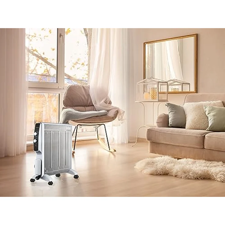PURLINE MR2000W, Mica Wärmewelle Heizgerät 2000W mit einstellbarem Thermostat, leise, für Zuhause und Büro, weiß, mit Rollen – Bild 2