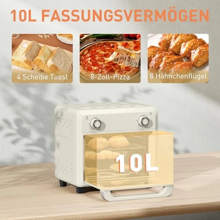 HOMCOM Mini Backofen mit Umluft 10 L, 1000W, temperaturregulierbar 80-230℃, 60 Min. Timer, Innenbeleuchtung, cremeweiß – Bild 3