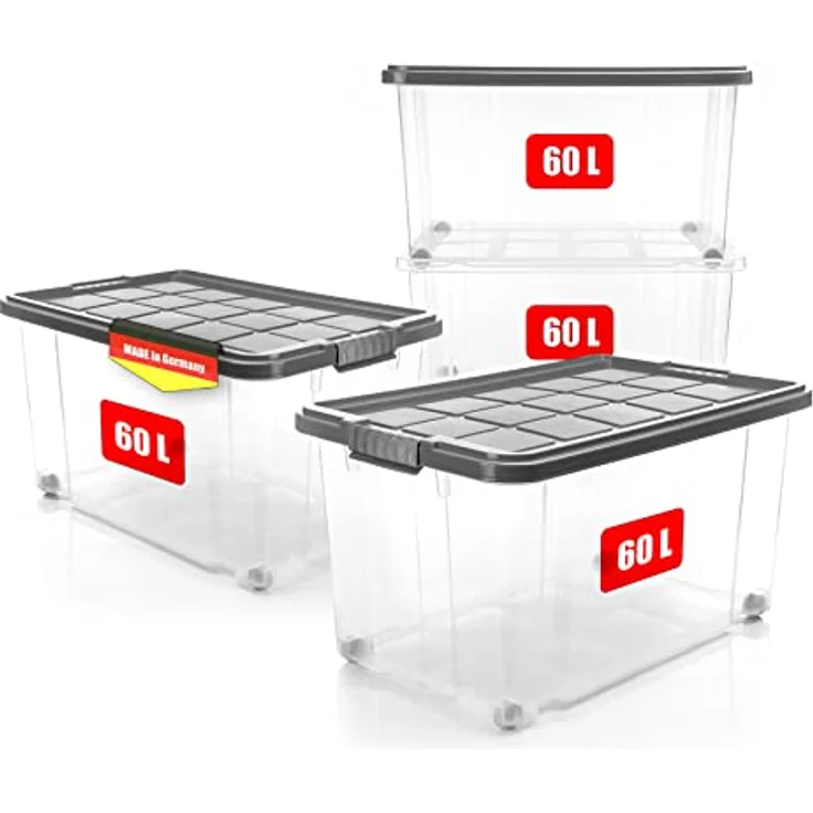 BigDean 4 Stück 60 L Aufbewahrungsbox mit Deckel stahlgrau - stapelbare robuste Box BPA-frei - rollbare Stapelbox mit festen Klickverschlüssen - Made in Germany – Bild 1