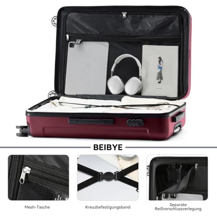 BEIBYE 2045 Zwillingsrollen Reisekoffer Kofferset 3tlg. Hartschale mit separatem Laptop-Bereich und organisierten Fächern, Burgundy – Bild 5